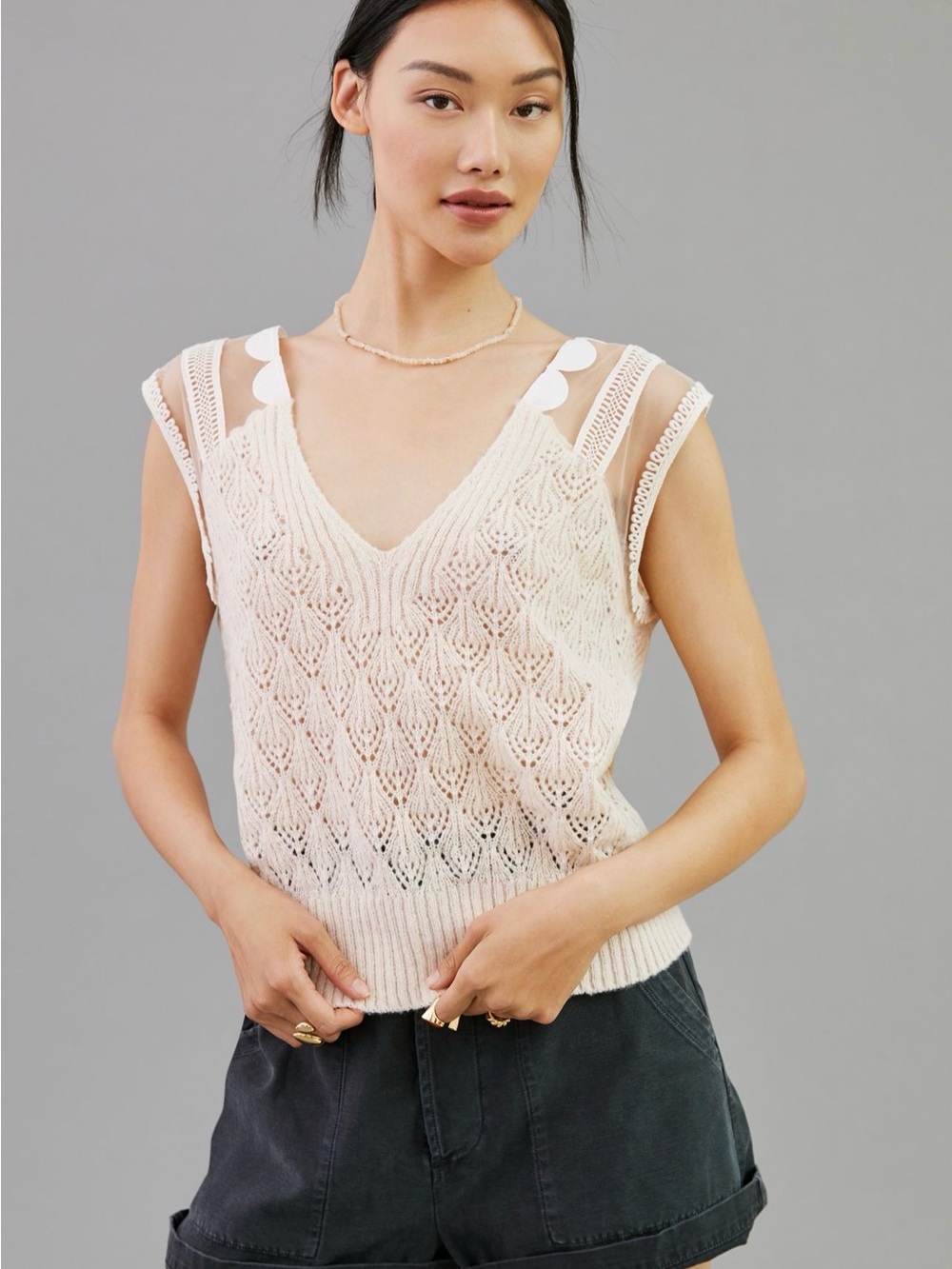 Anthropologie Openwork V-Neck Knit Tank Top in Cream